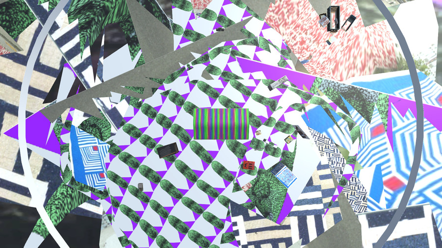 A screenshot of a sky view of Messlife with abstract scrambled ground. Lots of purples, blues, blacks, red, a combo of goblins, quilts and other imagery.