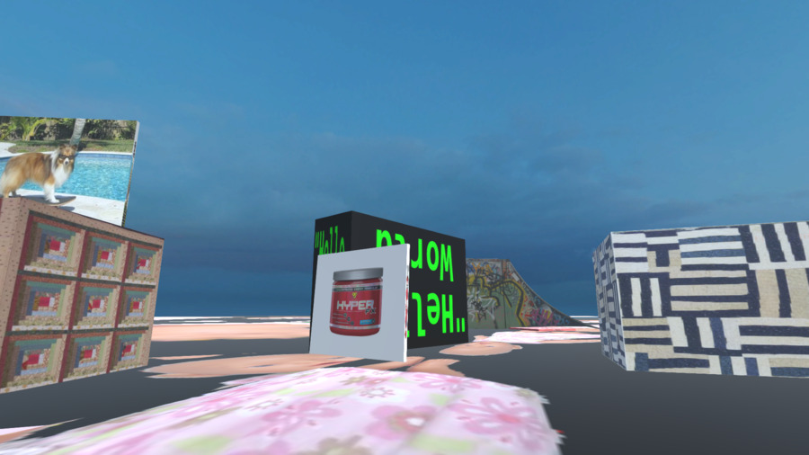 A screenshot of Messlife showing various cubed objects including a bottle of pills, a block saying hello world in green text on block, and two quilt blocks.