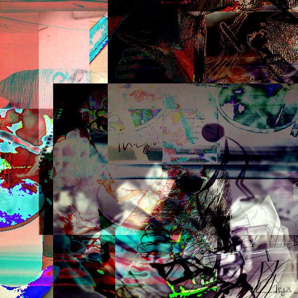 Abstract digital collage of drawings, some with inverted blue and others mostly in reds, blacks and purples. Scratchy.