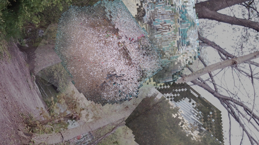 Screenshot of Pennsyltucky showing darkened rotated image of the woods in the background with glitchy rotated smaller images on top