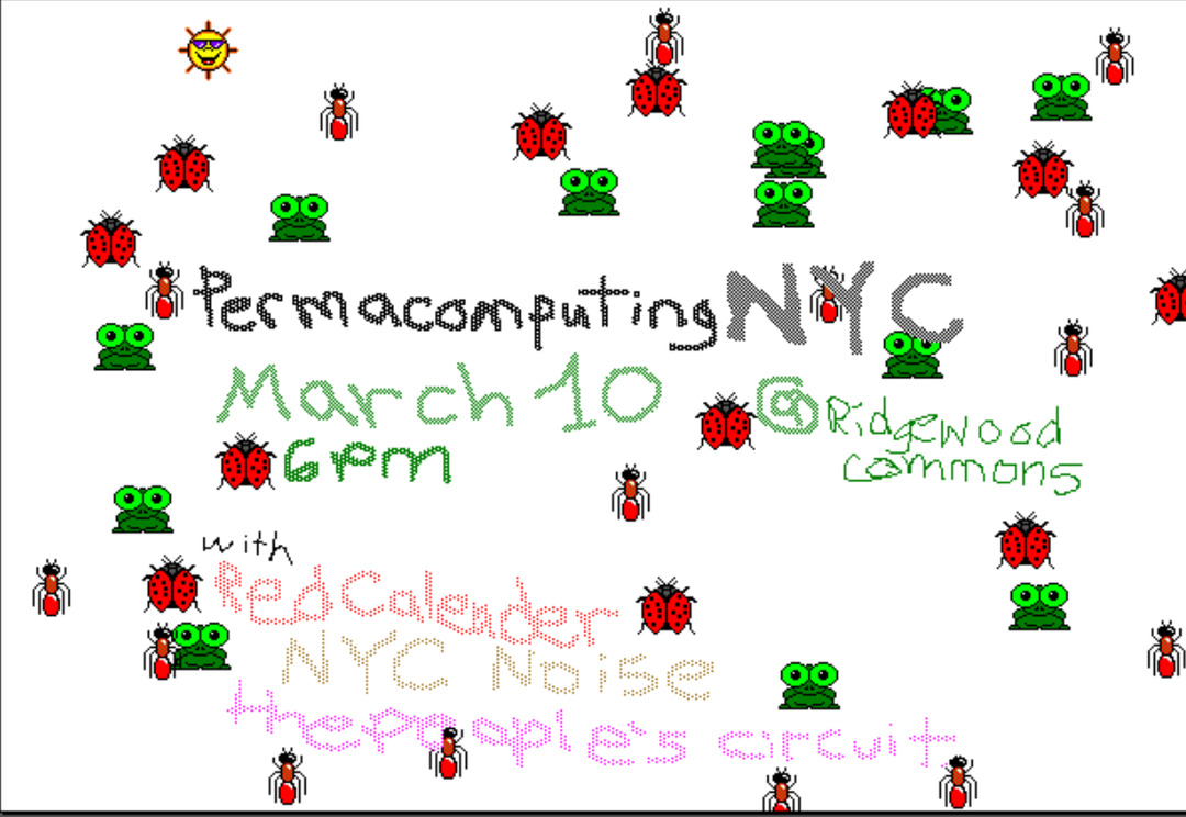 Flyer for Permacomputing NYC meetup with stamps of frogs and ants and bugs
