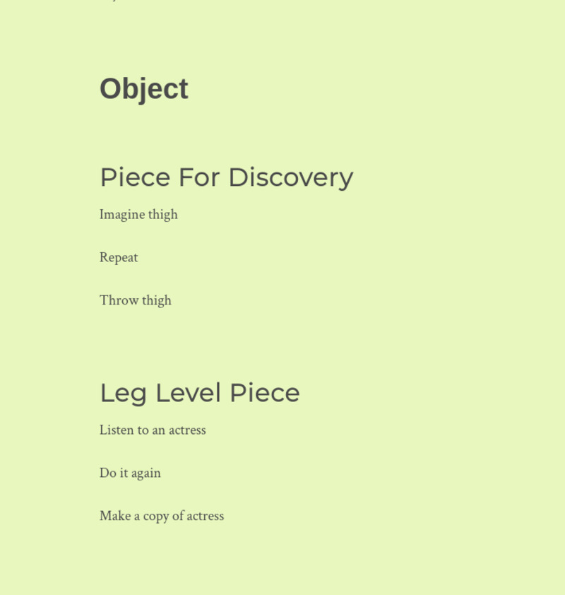 Page generated from Pomelo. A light background of a page with the section header Object and two pieces: Piece for Discovery and Leg Level Piece.
