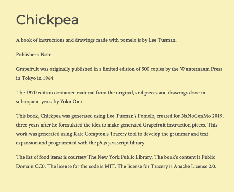 Screenshot of Pomelo page showing the title Chickpea and then a publisher's intro and past work listing