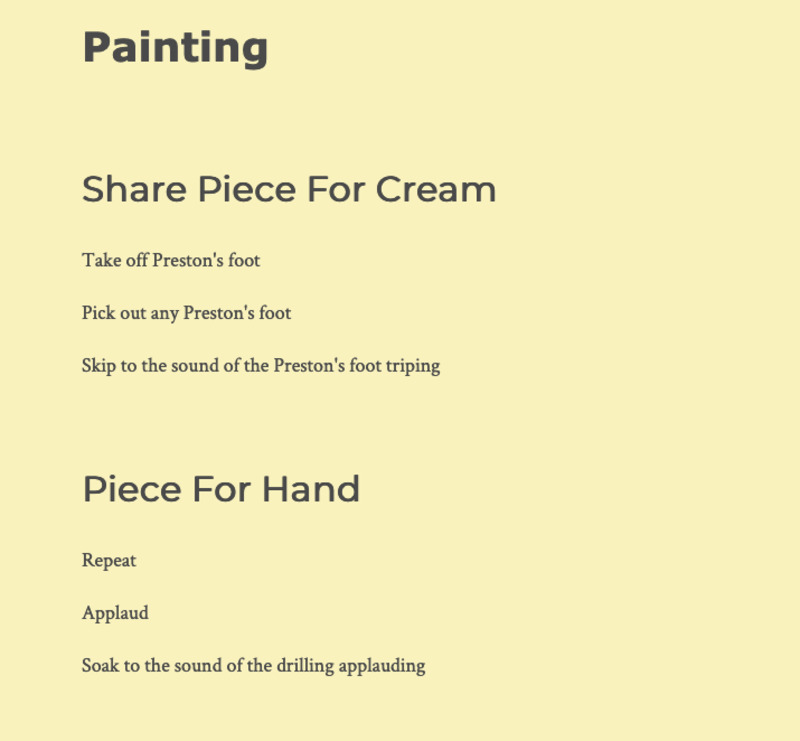 A page from Pomelo showing yellow page with the section title Painting and two pieces presented, Share Piece for Cream and Piece for Hand.
