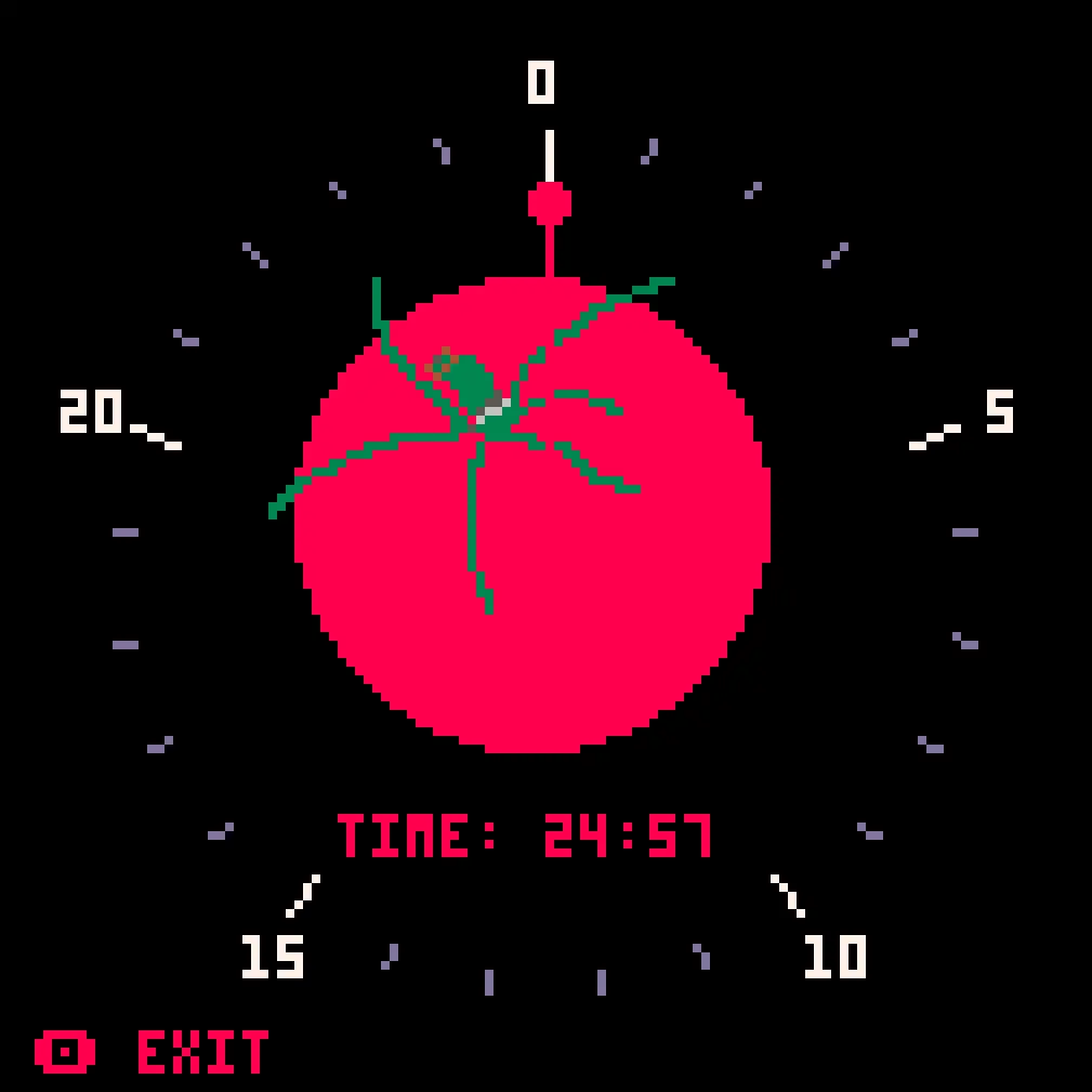 A simple 8bit style clock face with minutes running on the outside and a tomato icon in the center. The time is counting down