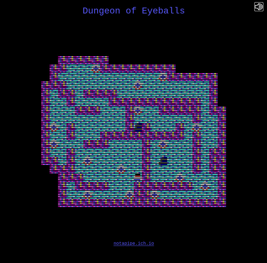 screenshot of 8bit topdown game with title Dungeon of Eyeballs at top and dungeon level consisting of slitscan dungeon of purple and blue spaces with giant eyeballs creatures