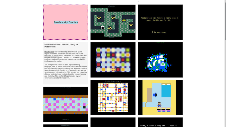 Grid showing the page for Puzzlescript Studies with a number of different screenshots of block-based games and code works.