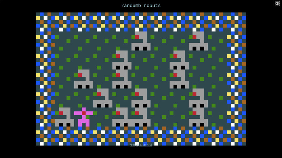 Randumb Robots 8bit videogame level with 8 chunky pixelated gray robots and pink character in the grouping