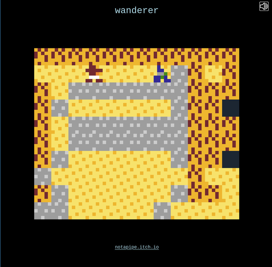A small pixelated blocky desert world with wizard figures and the title wanderer at the top