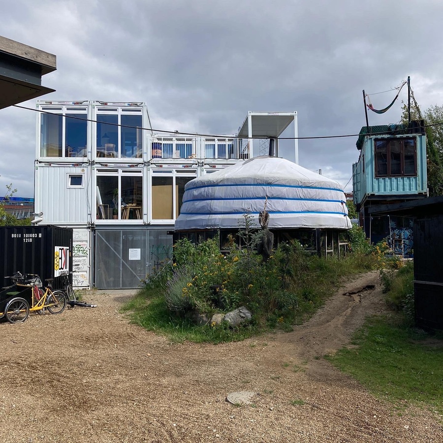 improvised living area with yurt and shipping container homes