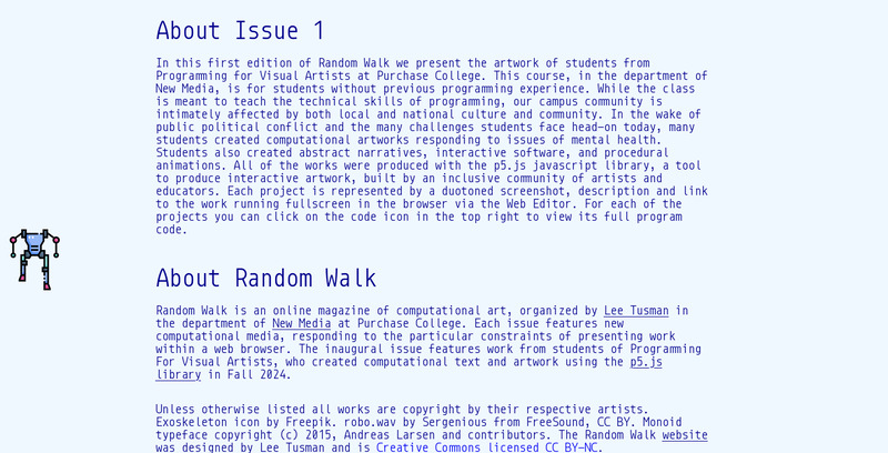 Screenshot of Random Walk site with projects and screenshots, in duotone blue/white.