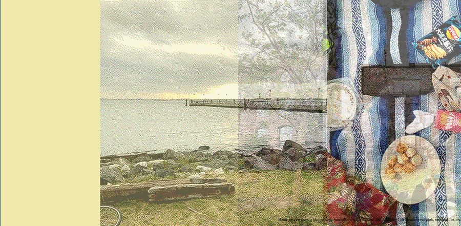 multipanel image showing yellow on left and 3 dithered layered images on right including the background of a body of water and overlaid blanket with food and items spread out