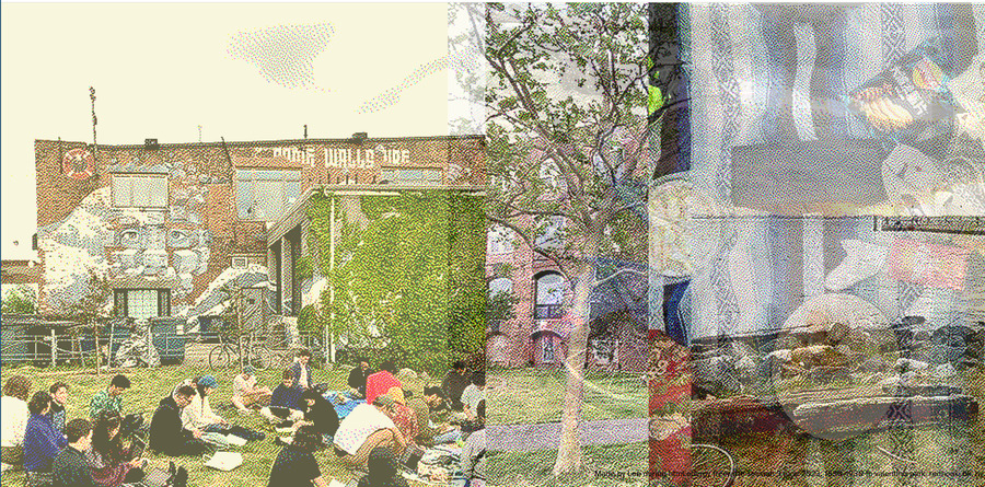 Layered dithered images with industrial building with street art and people sitting in a park on the left, and faded overlaid blanket and items on right