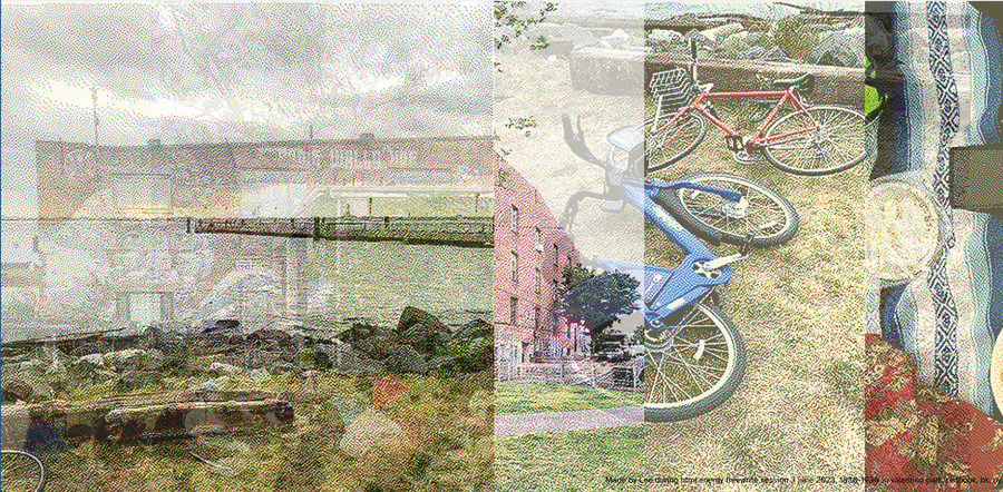 overlaid dithered images of a pier, warehouse, bikes on the ground, and part of a blanket