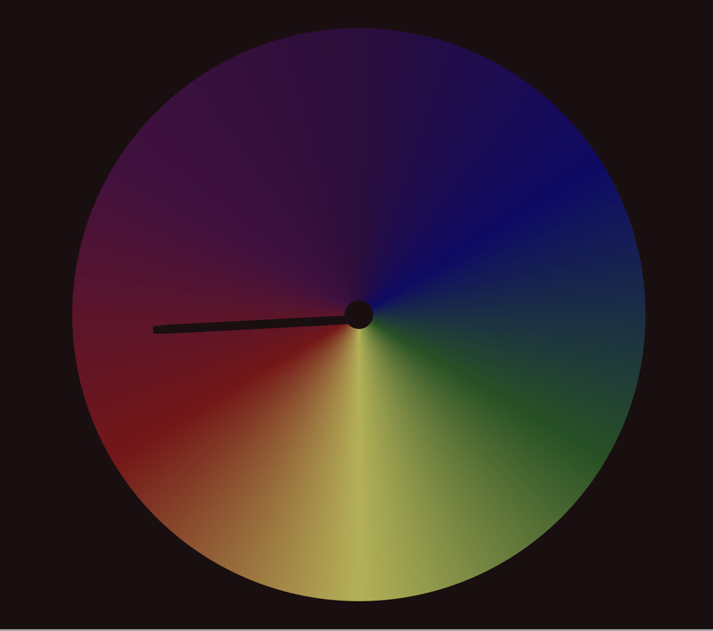 screenshot of the season clock, a conical gradient with cool purple/blue at the top to green at the right, yellow at bottom, and orange/red at the left. The single hand is pointing left to the red section, indicating fall.