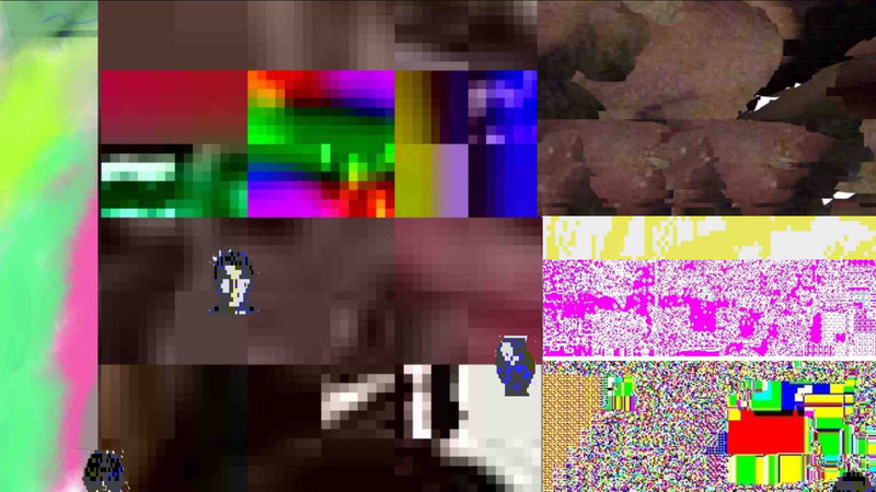 Screenshot of Self-Doubting system: a chunky blocky pixelated glitchy bcackground with small blue flat pixelated videogame heads of characters floating on top.