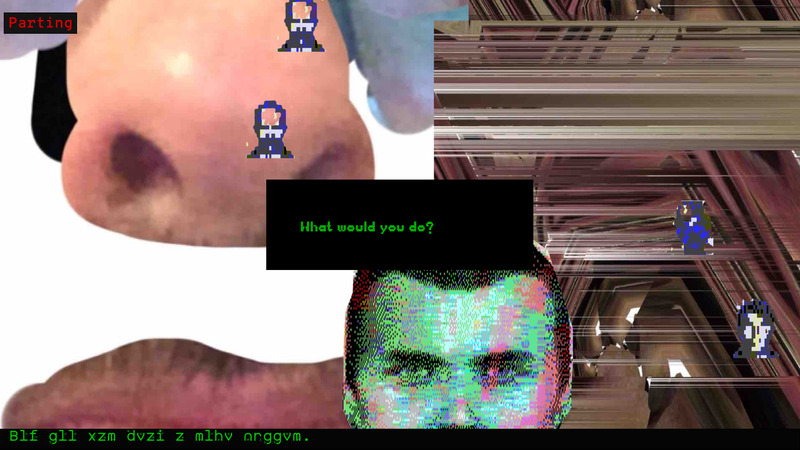 A screenshot of the artwork Self-Doubting System: a man's head in blue peeking out, with the text What would you do? on top of a giant nose, blue pixelated game character heads and  blurred brown pattern on the right