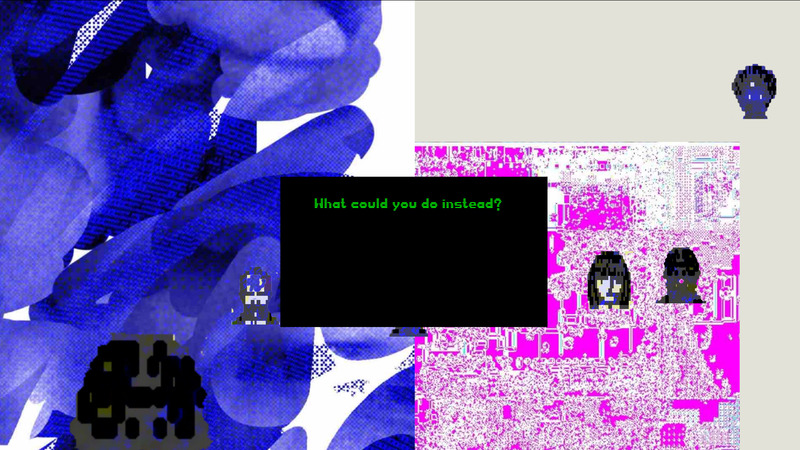 Screenshot of Self-Doubting System artwork. Left half has a blue squiggly pixelated figure in the back. Right side is partially filled in the background with a pink corroded mess. On top are a few blue pixelated game character heads and a black dialog box asking What could you do instead?