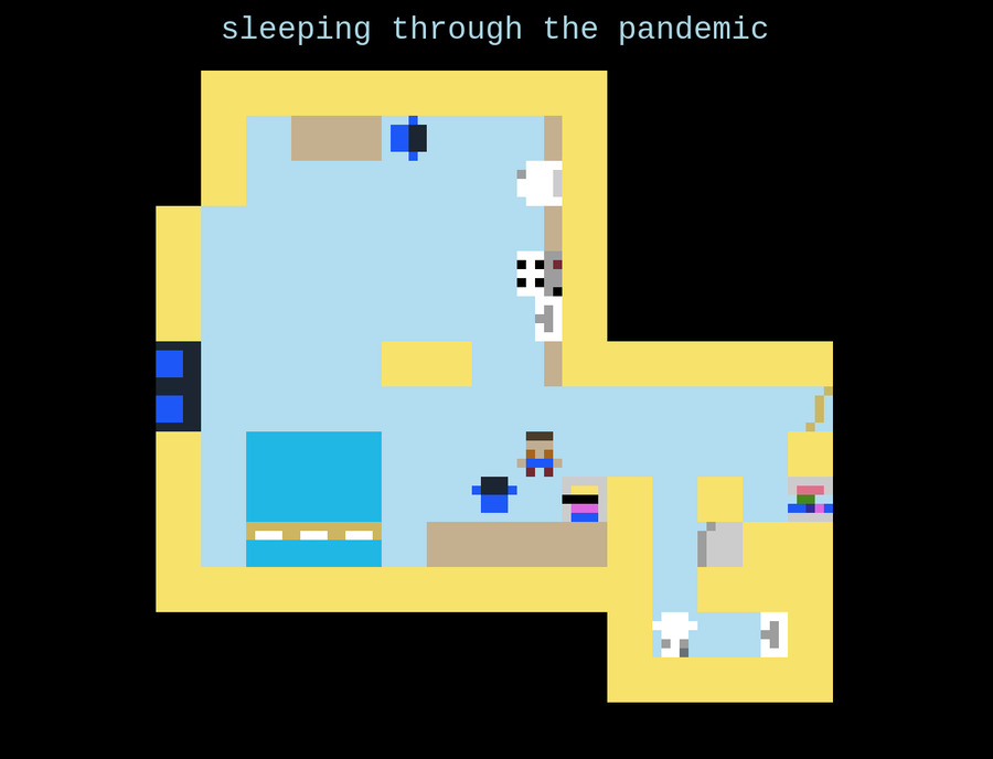 A screenshot of a videogame showing a top down view of a studio apartment in pixelated chunky 8bit. A person stands near a desk in bottom center. To the left is a big bed. To the right is a bathroom. At the top is a kitchen and dining area.