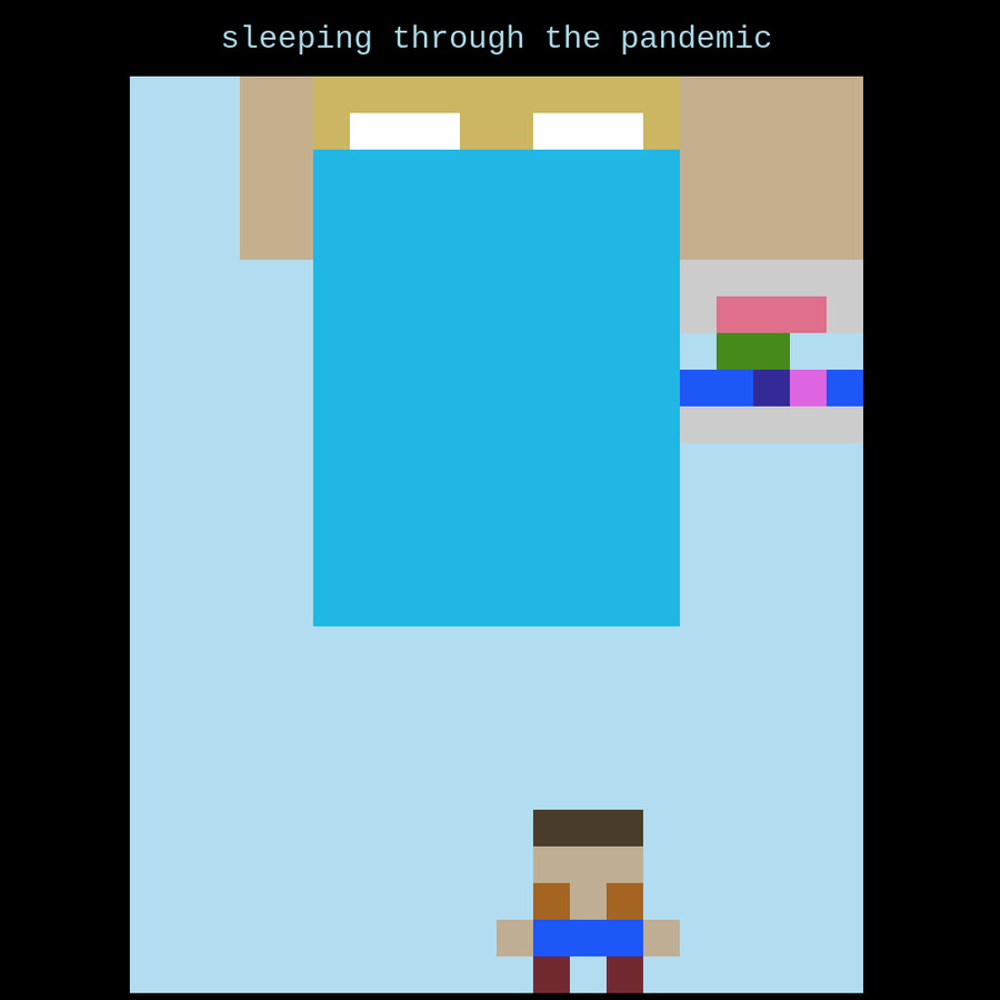 Screenshot of a topdown view of a chunky 8bit videogame bedroom holding a bed in the top, a person standing below, and a night stand with books on the right
