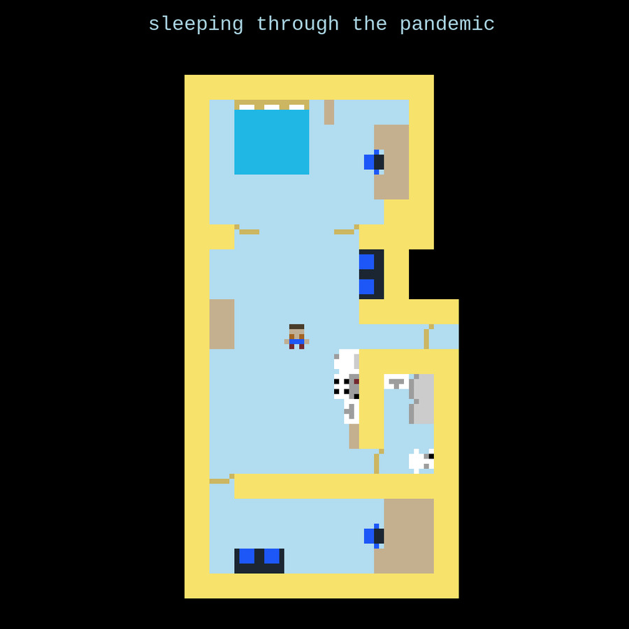 A screenshot of a topdown view of a videogame apartment showing chunky 8bit graphics. It's a railroad apapartment with bedrooms on top and bottom. In the middle is kitchen and living room with bathroom. Small top down view for each block of furniture.
