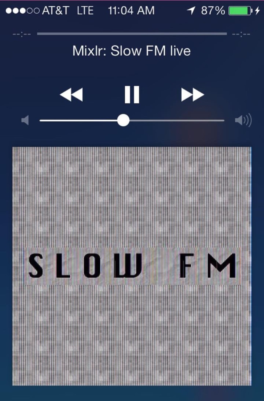 Screenshot of iOS app showing listening to SLOW FM hosted online via Mixlr