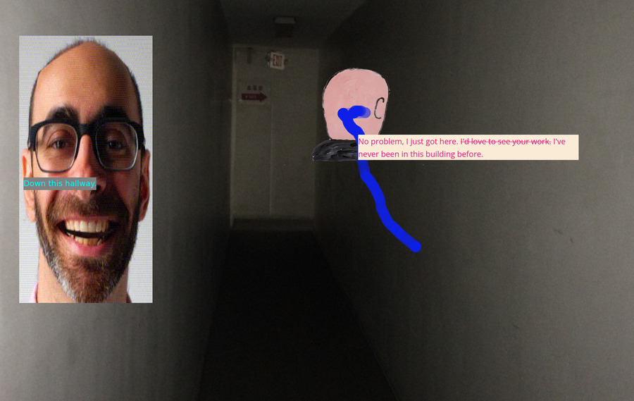 A scary dark hallway with Lee's head floating in a layer above and on the right is Guston with a blue trail coming out the back and the text next to him saying some words and text crossed out.