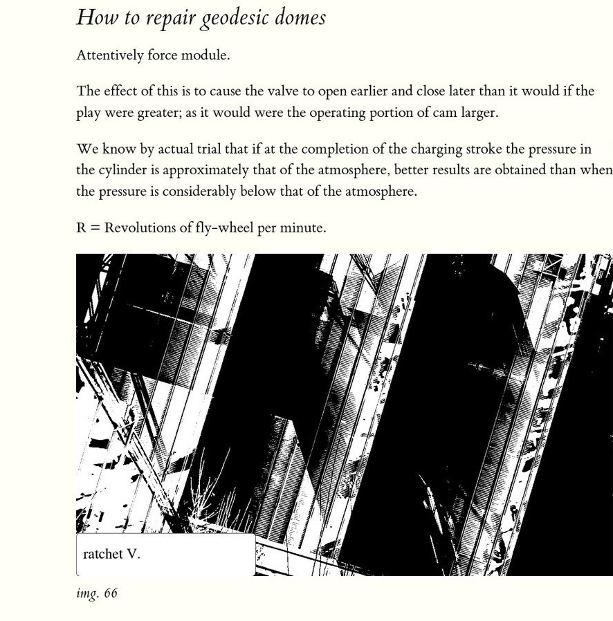 Screenshot from Technology Simply Explained. A page titled How to repair geodesic domes, with non-sequitor description and inscrutable black and white detail photograph and labelling.