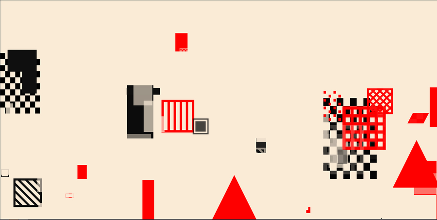 An abstract digital image with various blocky shapes in reds, blacks, tans