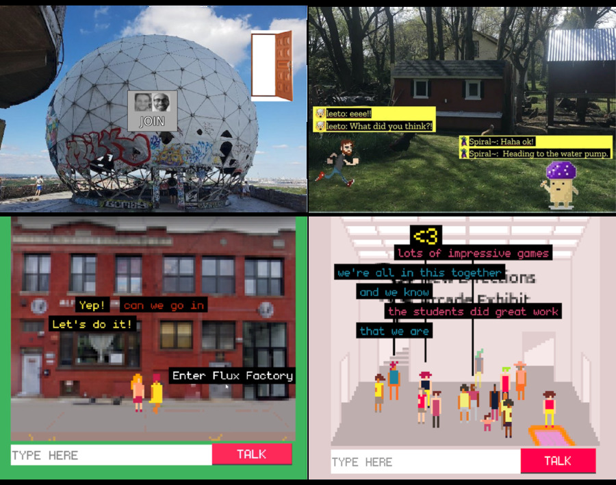 A screenshot showing 4 digital spaces. In the top left is a pixelated dome. In the top right is an outdoor space with two digital characters with speech in yellow on black. In the bottom left is a pixelated image of a factory with people in front speaking. In the bottom right is a digital room with a room full of digital characters talking with speech text.