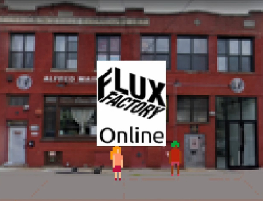 Screenshot of the digital Flux Factory Online space, with a pixelated image of a factory, the Flux Factory logo in front, and two digital characters in front of the building.