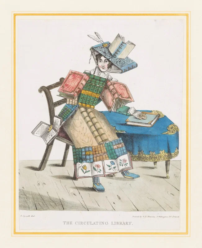 A woman with a body made up of books of different sizes, sitting on a chair next to a table. In her right hand she holds an open book, her left hand rests on a book on the table. -painting by George Spratt, c. 1830