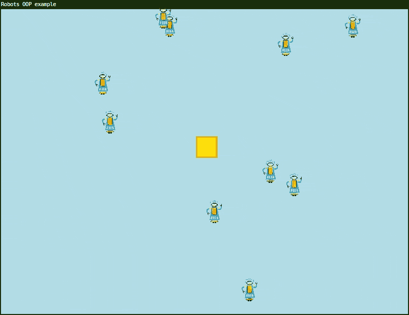 Random robots moving around the screen. One robot grabs the yellow box, but it is stolen again several times by other robots