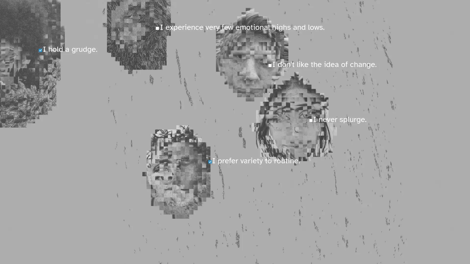 pixelated heads and text, black and white