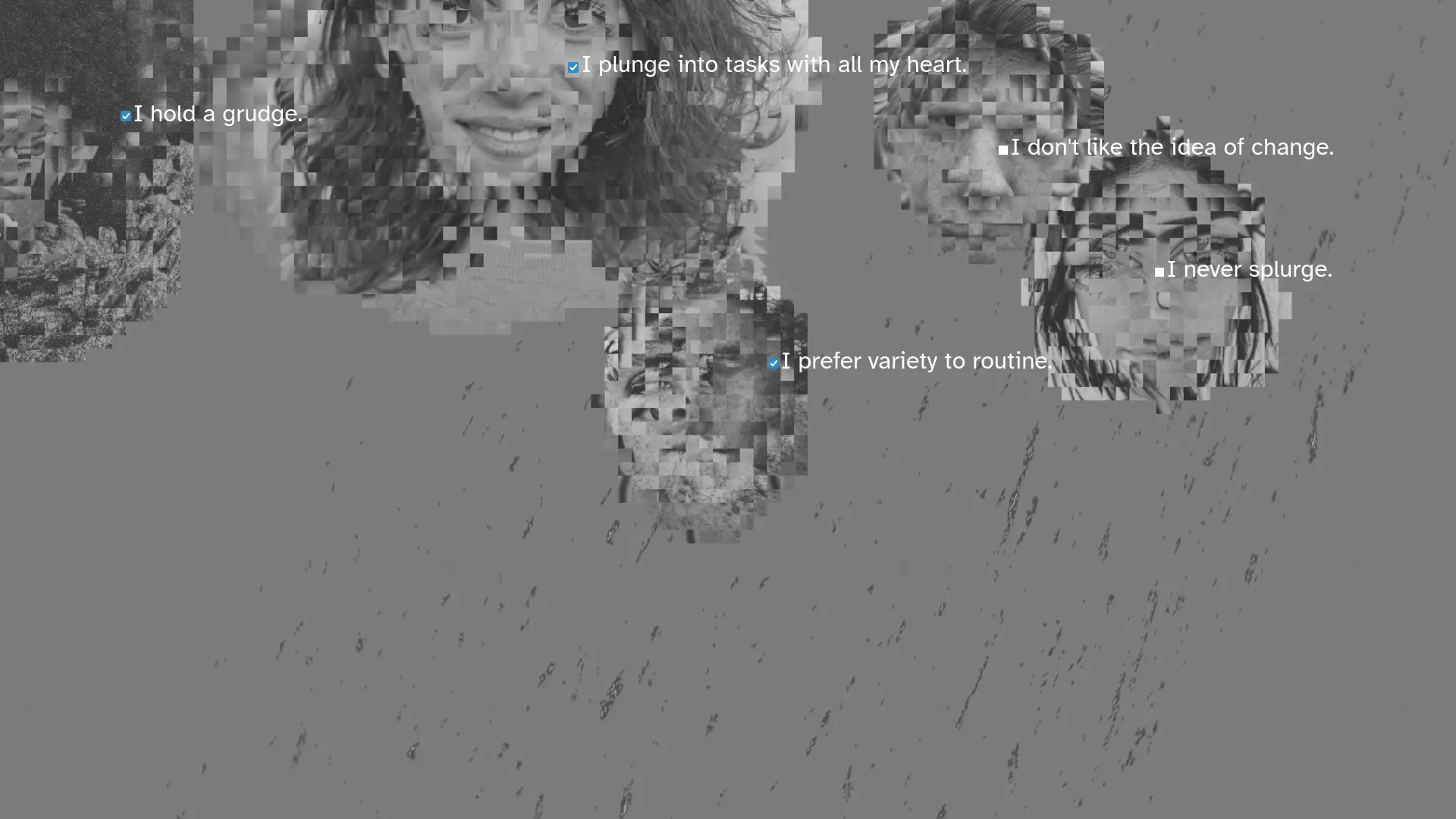 pixelated heads and text, black and white
