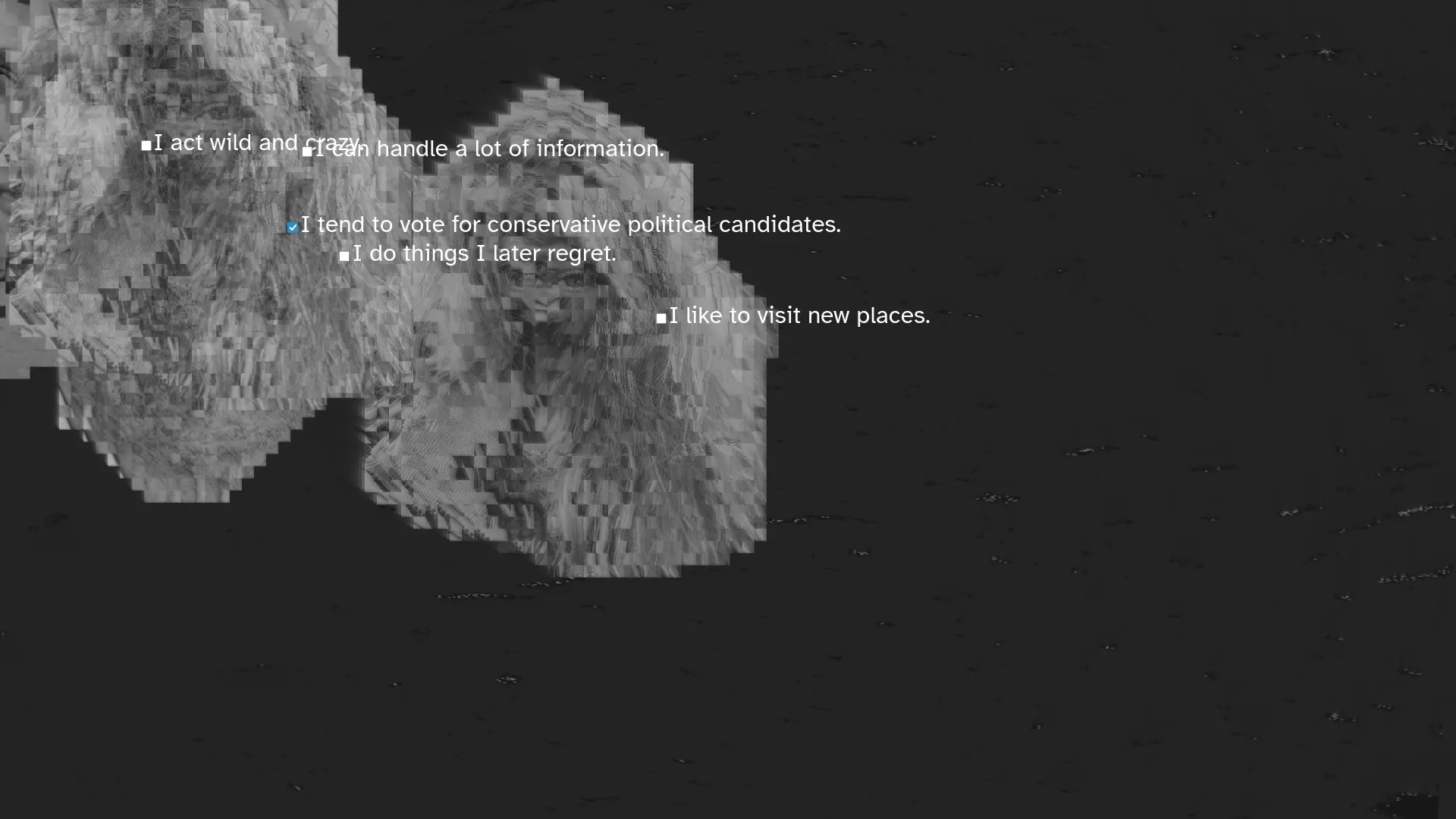pixelated heads and text, black and white